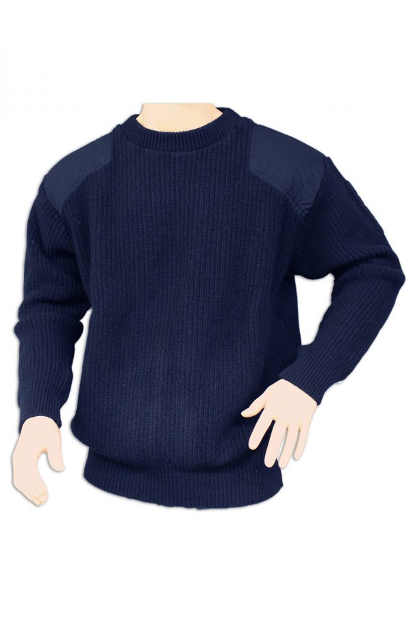 A crew neck, chunky fisherman's rib, drill patch OUTDOOR jumper in a navy blue colour,