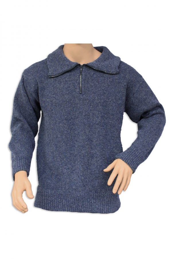 A 1/4 zip neck with collar jumper OUTDOOR jumper in a denim blue colour.