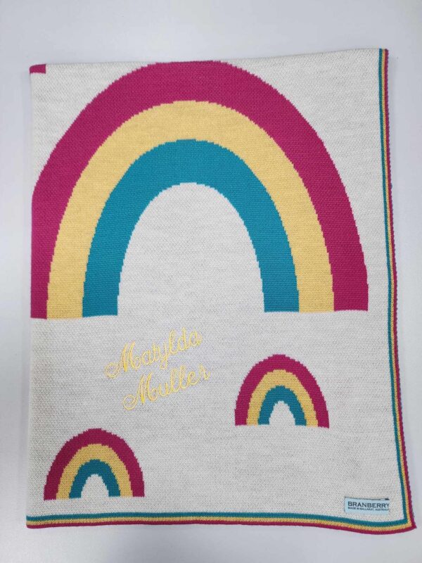 Branberry, Australian Made, Australian Merino Wool bright coloured Rainbow Blanket with a yellow Personalised name embroidery.