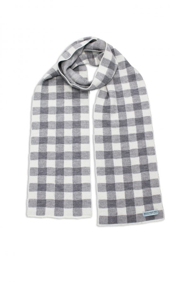 Product image of a flatlay Branberry, Gingham Wool Scarf in Silver and White