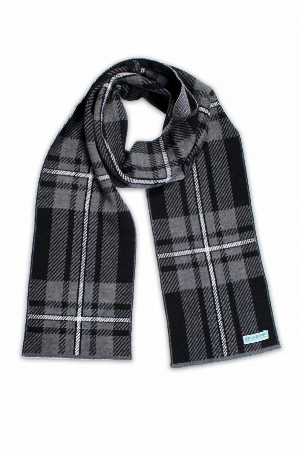 Product image of a flatlay Branberry, Tartan Wool Scarf in Monochrome colours with a splash of White