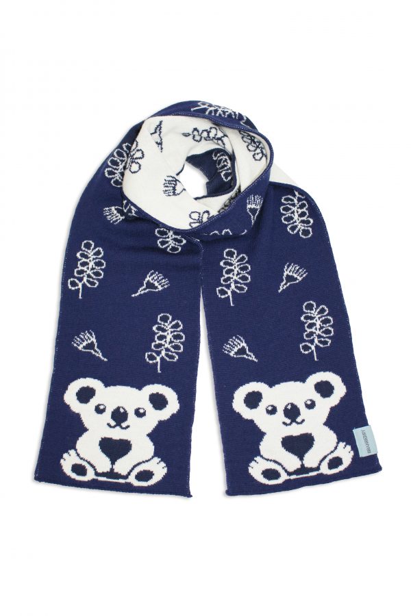 Product image of a flatlay Branberry, Kids Koala Wool Scarf in Princeton Navy and White.
