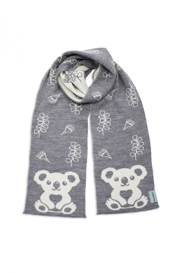 Product image of a flatlay Branberry, Kids Koala Wool Scarf in Silver and White.
