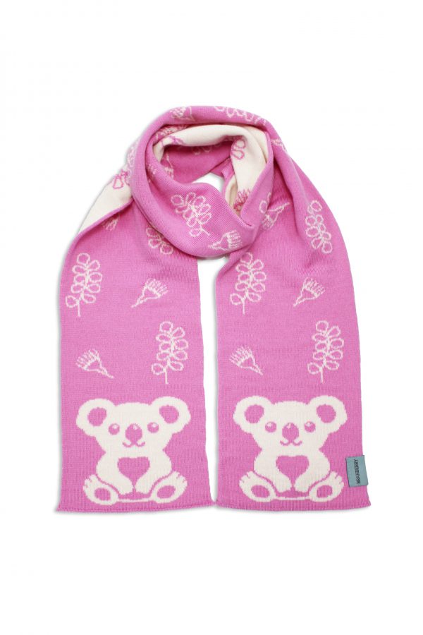 Product image of a flatlay Branberry, Kids Koala Wool Scarf in Taffy Pink and White.