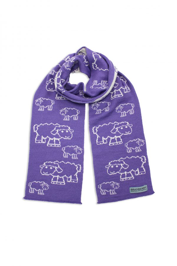 Product image of a flatlay Branberry, Kids Sheep Wool Scarf in Amethyst and White.