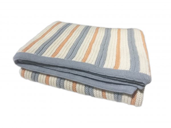 Striped Garter Blanket in Pastel Blue, Orange, and White, a product image showcasing neatly folded blanket with exposed blue bands.