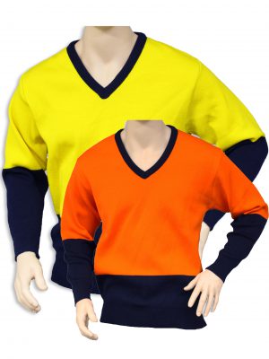 Hi-Visibility Orange/Navy and Yellow/Navy Knitted V-Neck Jumpers on Mannequin Torso