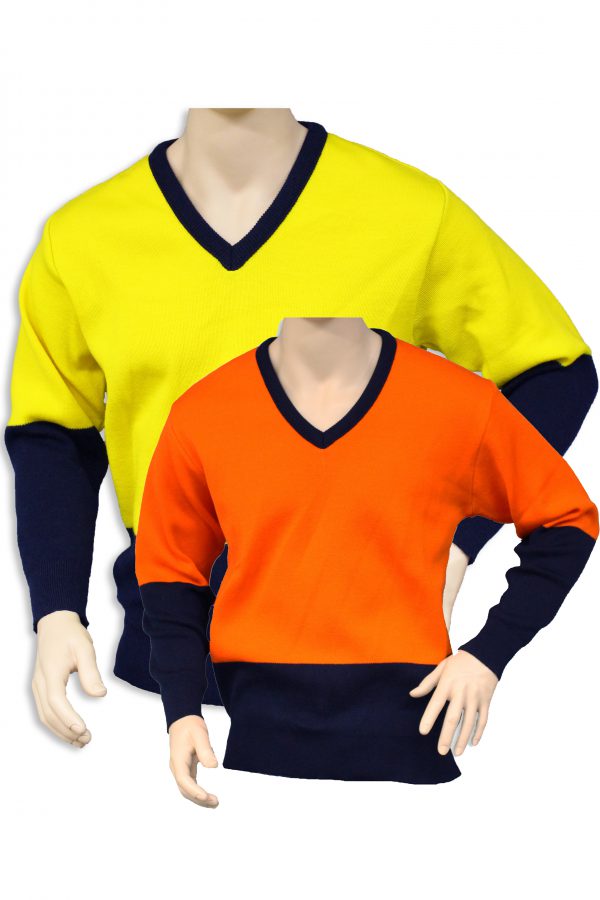 Hi-Visibility Orange/Navy and Yellow/Navy Knitted V-Neck Jumpers on Mannequin Torso