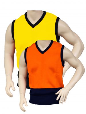 Hi-Visibility Orange/Navy and Yellow/Navy Knitted V-Neck Vests on Mannequin Torso