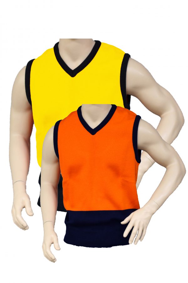 Hi-Visibility Orange/Navy and Yellow/Navy Knitted V-Neck Vests on Mannequin Torso