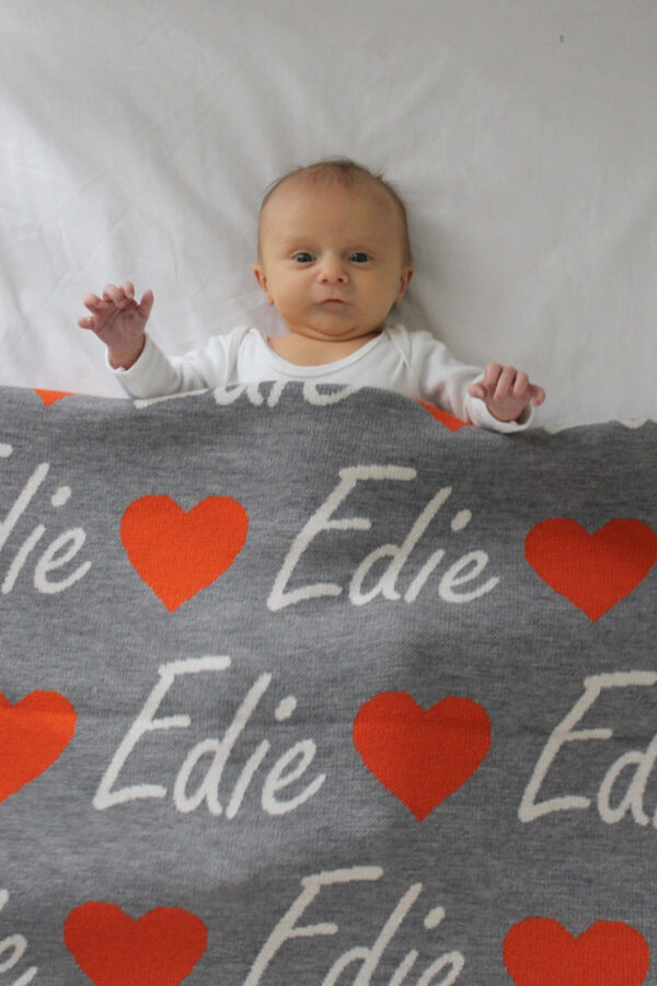 Love Heart personalised name blanket in Grey, Orange and White. Pure Australian Merino Wool, Australian Made baby blanket