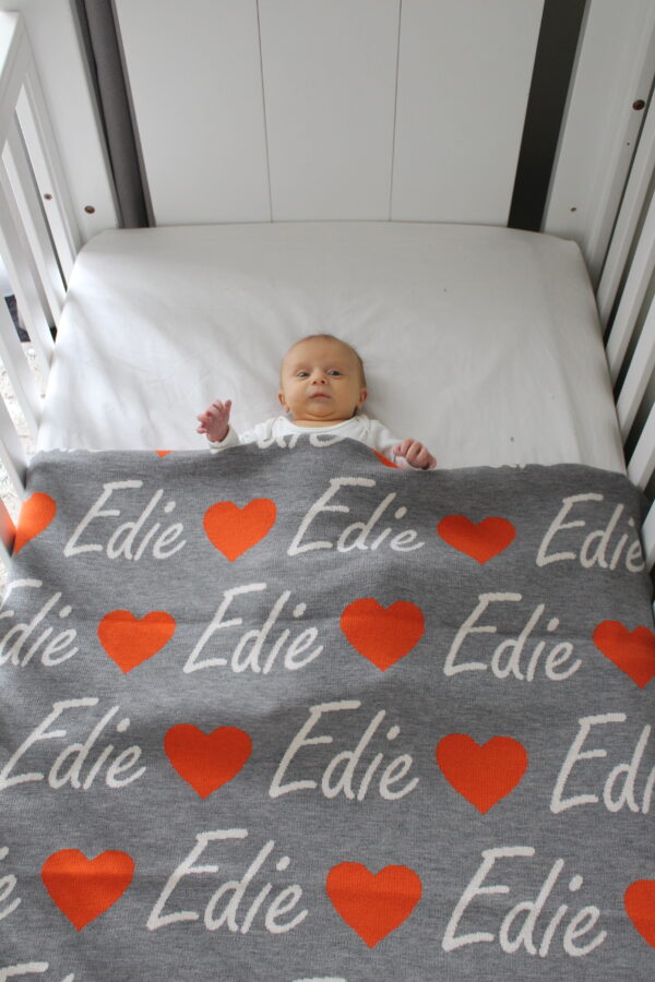 Love Heart personalised name blanket in Grey, Orange and White. Pure Australian Merino Wool, Australian Made baby blanket