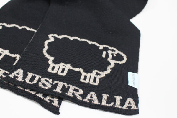 Close-up of knitted sheep and 'Australia' detail on the Australian Merino Wool Scarf