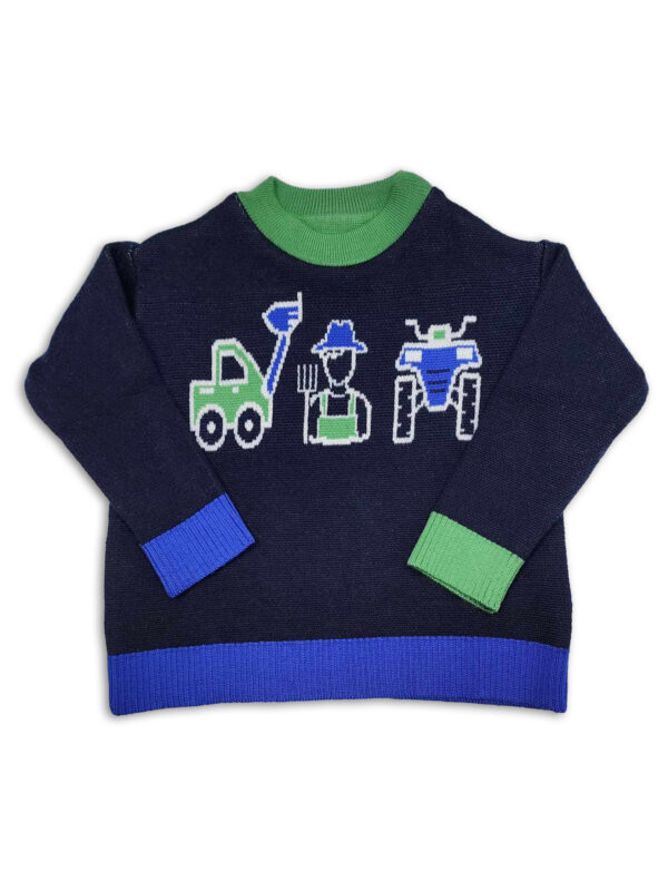 kids merino wool farm designed jumper in navy with bright blue and green cuffs. Featuring a loader, a farmer and a quad bike on the front chest.